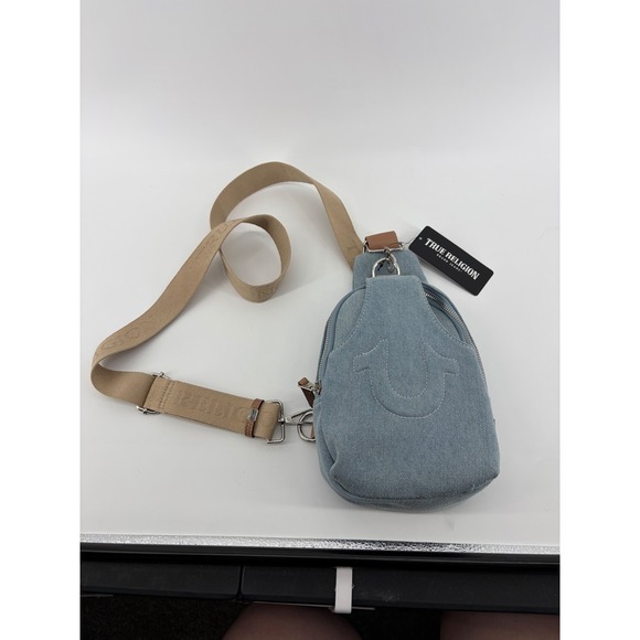 True Religion Handbags - True Religion Light Blue Denim Sling Bag Horseshoe Logo Crossbody
